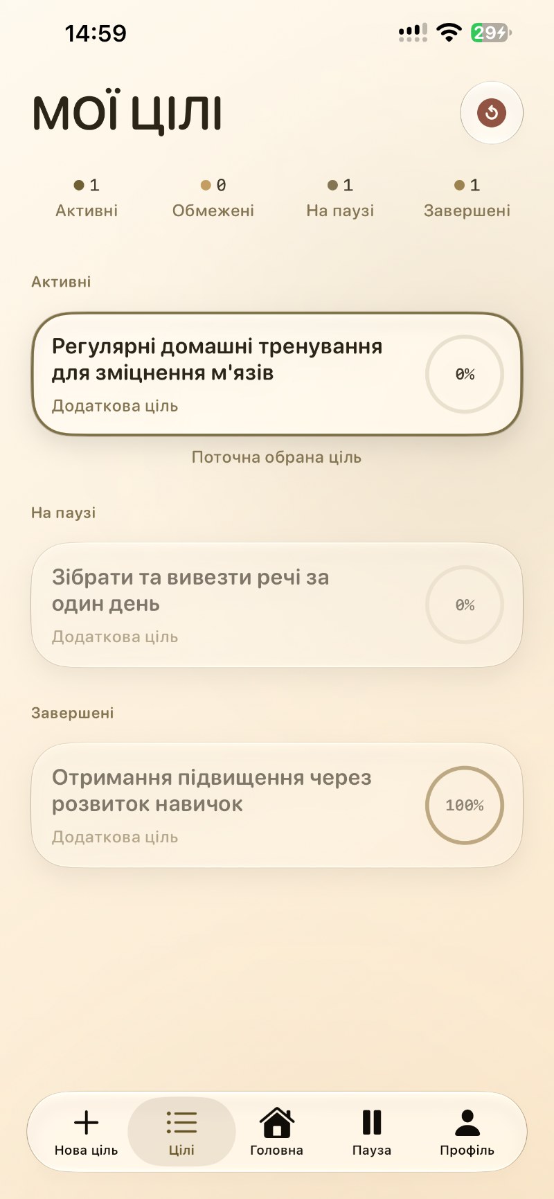 Список цілей: активні, на паузі, завершені