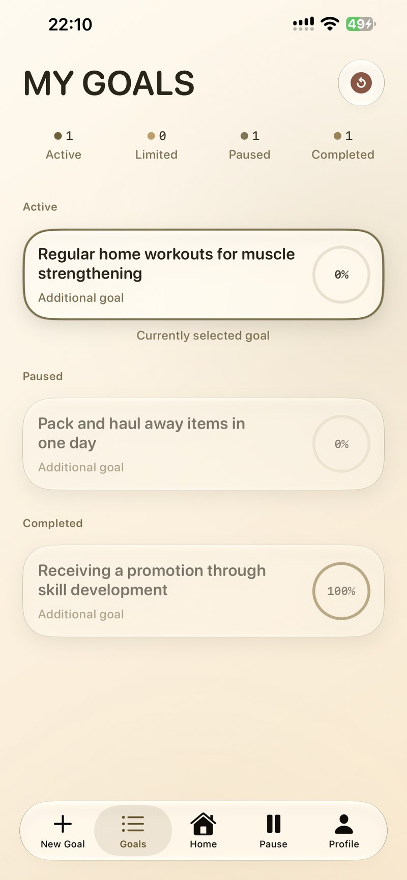 Goals list: active, paused, completed