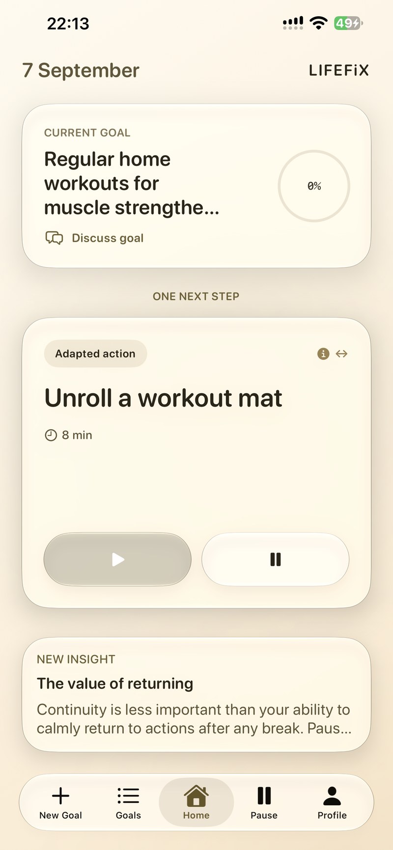 LIFEFiX home screen with one next action
