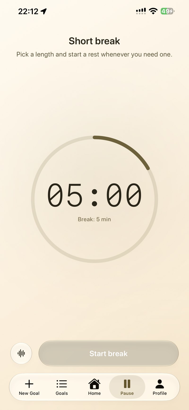 A short five-minute break screen with a timer