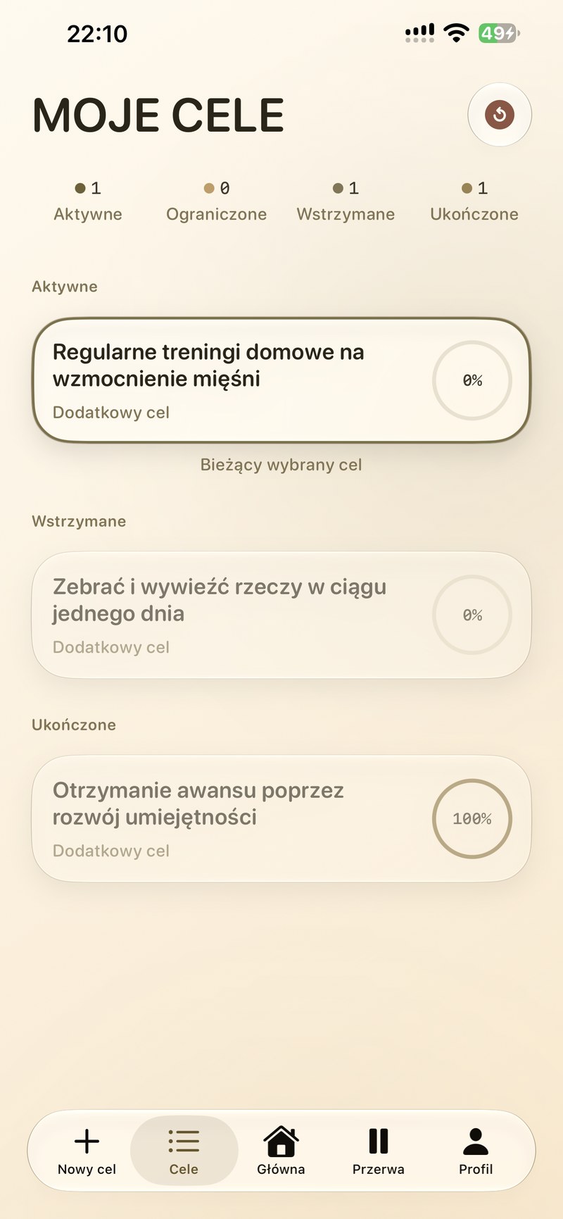 Lista celów: aktywne, wstrzymane, ukończone