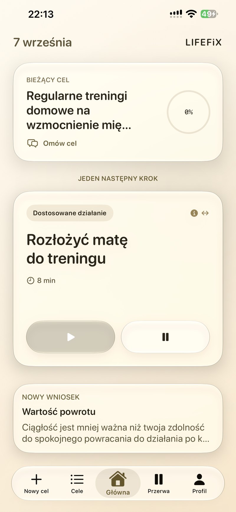 Ekran główny LIFEFiX z jednym następnym działaniem
