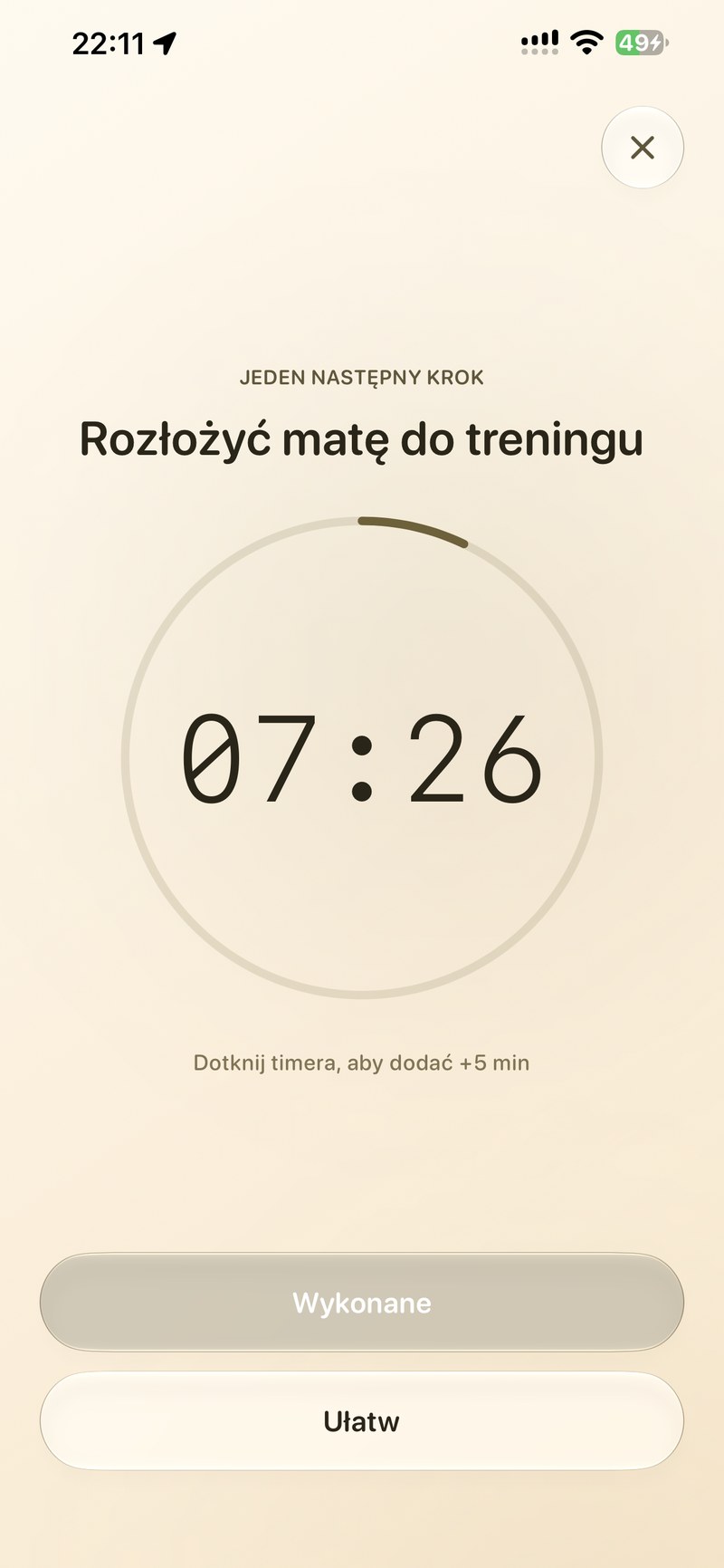 Ekran jednego następnego kroku z minutnikiem